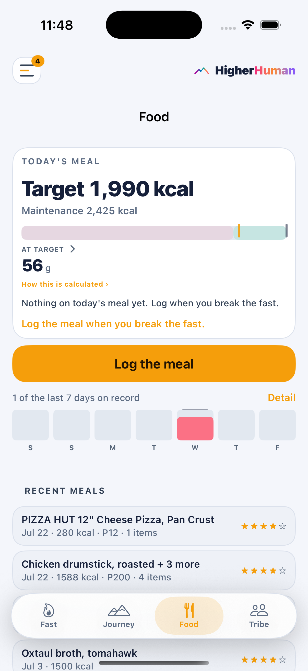 Higher Human food screen with calorie target and recent meals